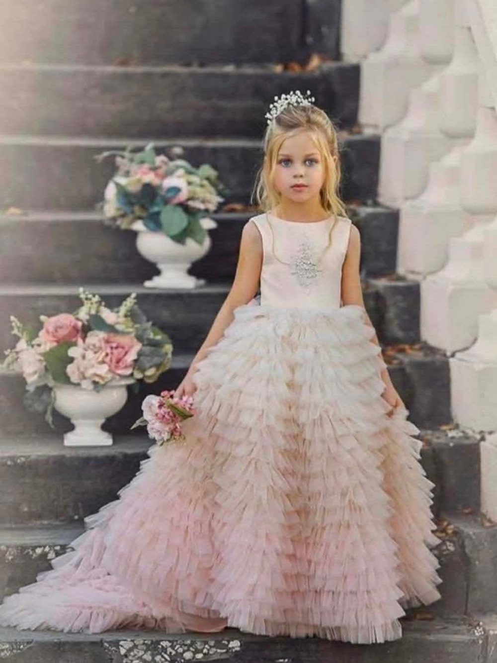 Dollcake Blush Pink Ruffled Tulle Ball Gown Dress for Kids